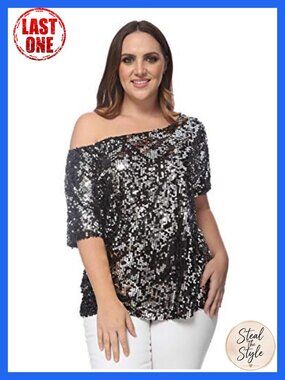 Plus Size One Shoulder Sequin Party Club Top Relaxed Fit 3/4 Sleeve